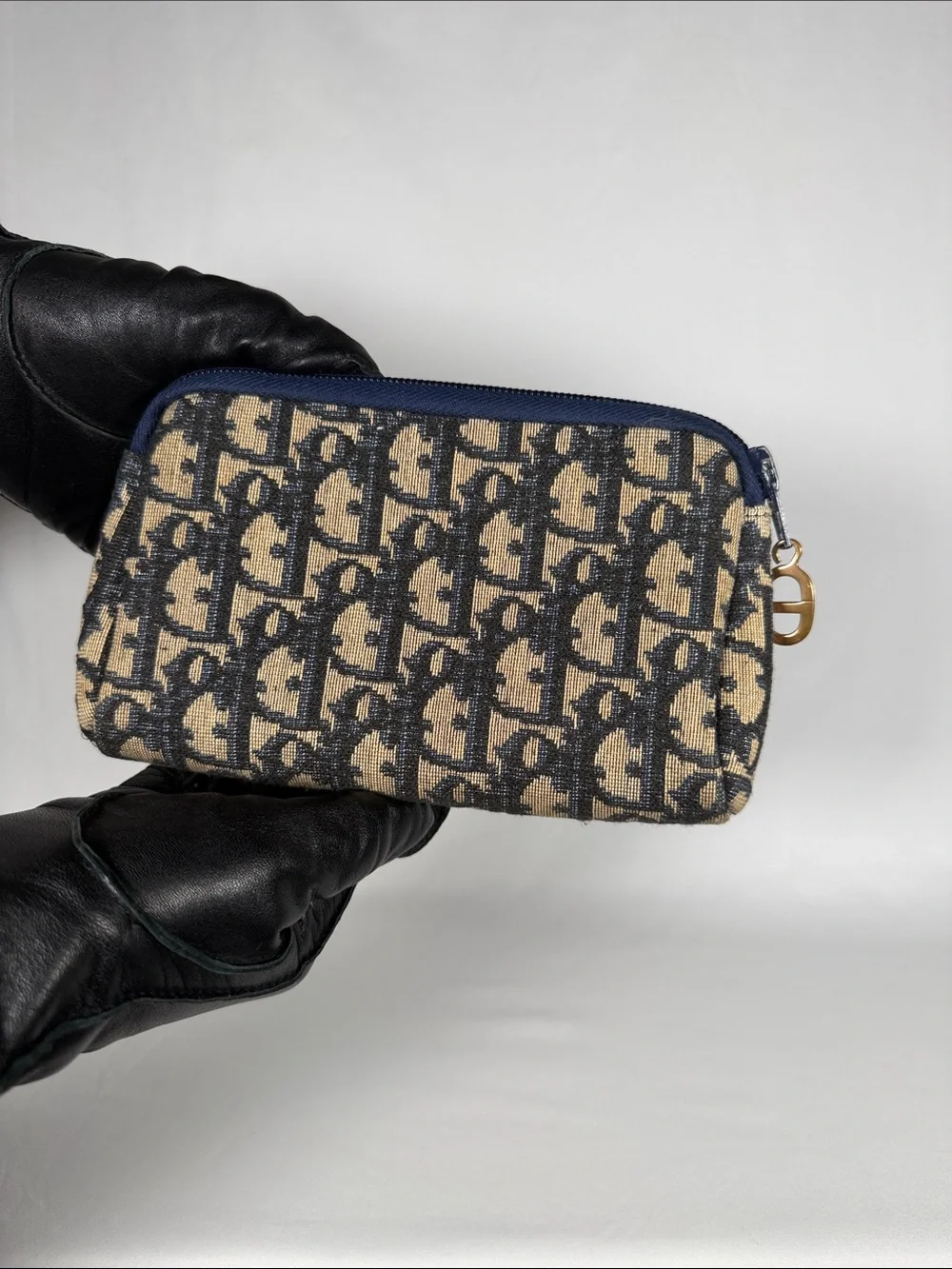 Authentic Christian Dior Vintage Oblique Trotter Navy Beige Cosmetic Pouch